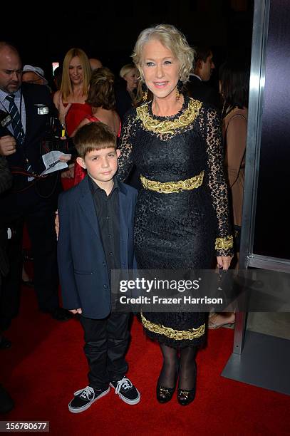 Actress Helen Mirren and Felix Mirren arrive at the Premiere Of Fox Searchlight Pictures' "Hitchcock" at AMPAS Samuel Goldwyn Theater on November 20,...