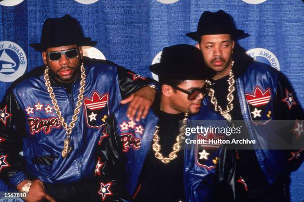 American rap group Run DMC pose at the Grammy Awards, 1980s. L-R: Jam Master Jay , Joe 'Run' Simmons and Darryl 'DMC' McDaniels.