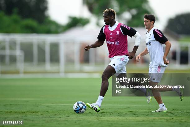 Paul Pogba of Juventus passes the ball during a training session on July 31, 2023 in Orlando, Florida.
