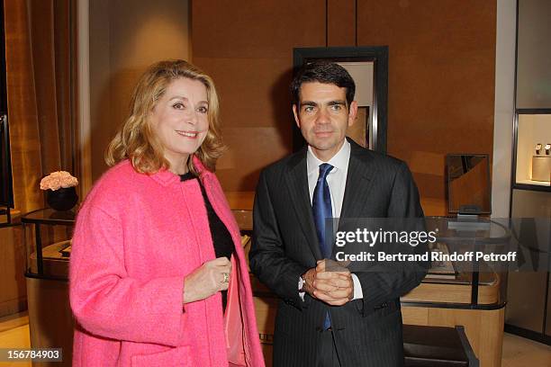 Catherine Deneuve and Jerome Lambert, CEO of Jaeger LeCoultre, attend Jaeger-LeCoultre Place Vendome Boutique Opening at Jaeger-LeCoultre Boutique on...