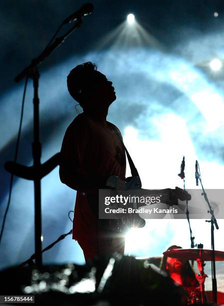 Dougy Mandagi of the Temper Trap performs live for fans ahead of the Coldplay show at Suncorp Stadium on November 21, 2012 in Brisbane, Australia.