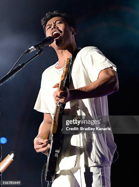 Dougy Mandagi of the Temper Trap performs live for fans ahead of the Coldplay show at Suncorp Stadium on November 21, 2012 in Brisbane, Australia.