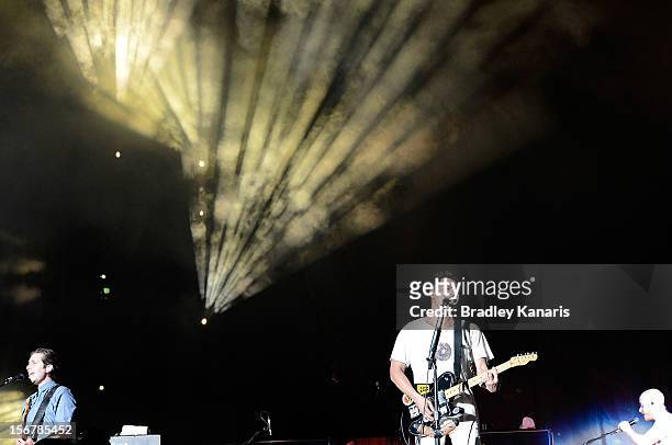 Dougy Mandagi of the Temper Trap performs live for fans ahead of the Coldplay show at Suncorp Stadium on November 21, 2012 in Brisbane, Australia.