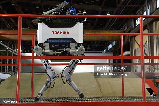Toshiba Corp. Tetrapod robot walks along a catwalk at the company's Yokohama Complex in Yokohama City, Kanagawa Prefecture, Japan, on Wednesday, Nov....
