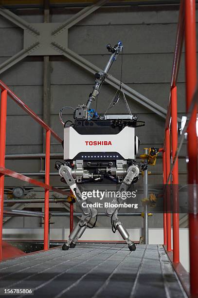 Toshiba Corp. Tetrapod robot stands on a catwalk at the company's Yokohama Complex in Yokohama City, Kanagawa Prefecture, Japan, on Wednesday, Nov....