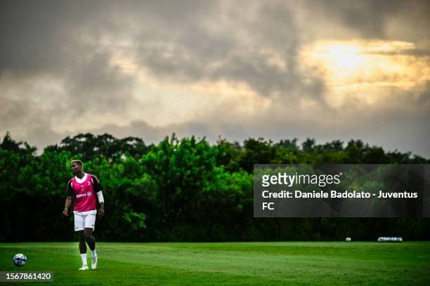 Paul Pogba of Juventus plays with the ball during a training session on July 31, 2023 in Orlando, Florida.