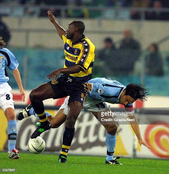Alessandro Nesta of LAZIO and Patrick Mboma of Parma in action during the SERIE A 25th Round League match between Lazio and Parma, played at the...