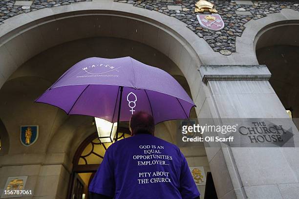Man wearing a t-shirt campaigning for women bishops arrives at Church House on November 21, 2012 in London, England. The Church of England's...