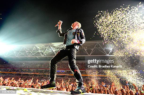 Chris Martin of Coldplay performs live for fans at Suncorp Stadium on November 21, 2012 in Brisbane, Australia.