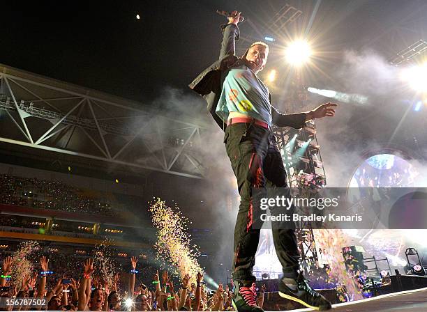 Chris Martin of Coldplay performs live for fans at Suncorp Stadium on November 21, 2012 in Brisbane, Australia.