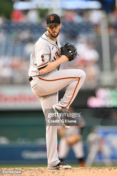 Alex Wood of the San Francisco Giants pitches against the Washington Nationals at Nationals Park on July 21, 2023 in Washington, DC.