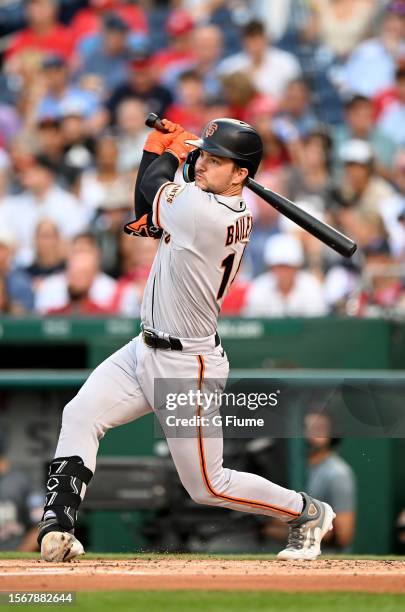 Patrick Bailey of the San Francisco Giants bats against the Washington Nationals at Nationals Park on July 21, 2023 in Washington, DC.