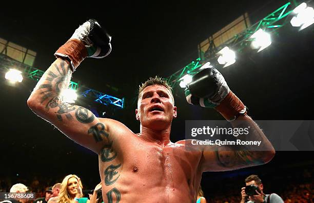 Danny Green of Australia celebrates winning the world title bout between Danny Green of Australia and Shane Cameron of New Zealand at Hisense Arena...