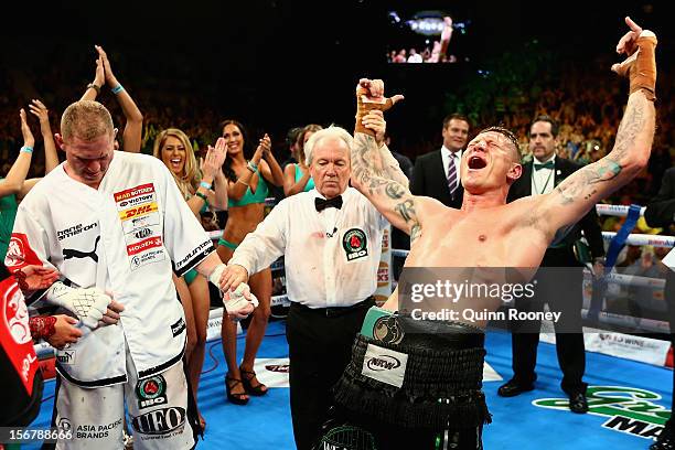 Danny Green of Australia celebrates winning the world title bout between Danny Green of Australia and Shane Cameron of New Zealand at Hisense Arena...