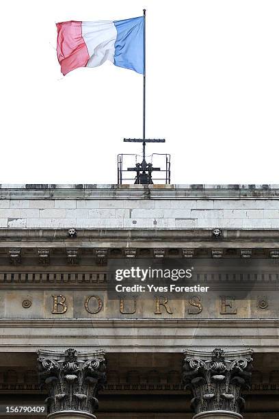 The facade of the Bourse de Paris, the Palais Brongniart, the former French stock exchange location prior to electronic trading, is seen on November...