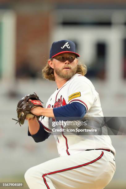 Atlanta Braves relief pitcher Pierce Johnson delivers a pitch during the Monday evening MLB game between the Los Angeles Angels and the Atlanta...