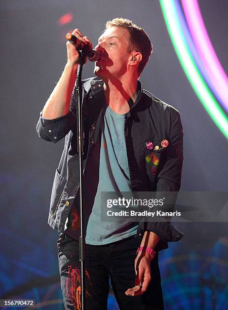 Chris Martin of Coldplay performs live for fans at Suncorp Stadium on November 21, 2012 in Brisbane, Australia.