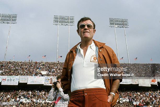 Texas head coach Darrell Royal on sidelines during game vs Texas A&M at Kyle Field. College Station, TX CREDIT: Walter Iooss Jr.