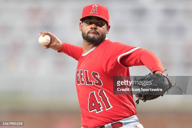 Los Angeles Angels relief pitcher Reynaldo Lopez delivers a pitch during the Monday evening MLB game between the Los Angeles Angels and the Atlanta...