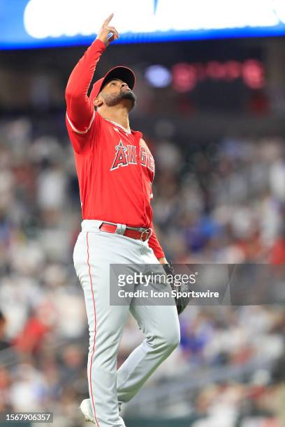 Los Angeles Angels relief pitcher Reynaldo Lopez gestures after the Monday evening MLB game between the Los Angeles Angels and the Atlanta Braves on...