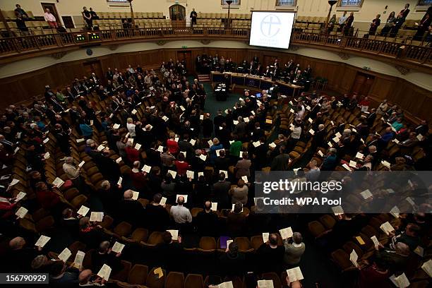 General view of the Assembly Hall of Church House, during a morning prayer service before the start of a meeting of the General Synod of the Church...