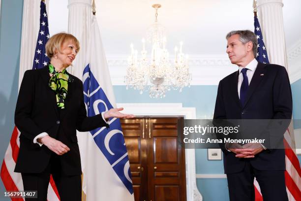 Secretary General Helga Maria Schmid gives remarks to reporters alongside U.S. Secretary of State Antony Blinken at the State Department on July 24,...