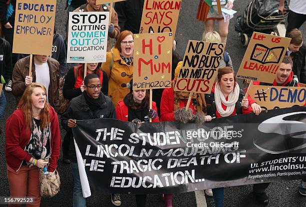Students march through Westminster as they protest against the rising costs of further education on November 21, 2012 in London, England. The...