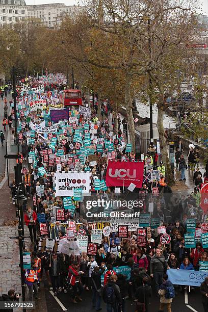 Students march through Westminster as they protest against the rising costs of further education on November 21, 2012 in London, England. The...