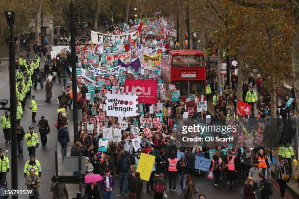 Students march through Westminster as they protest against the rising costs of further education on November 21, 2012 in London, England. The...