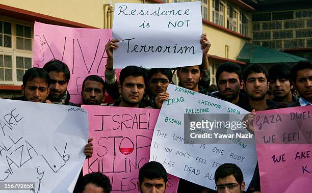 Kashmiri doctors hold banners and placards during a protest against Israel and in solidarity with Gaza at SMHS medical college on November 21, 2012...