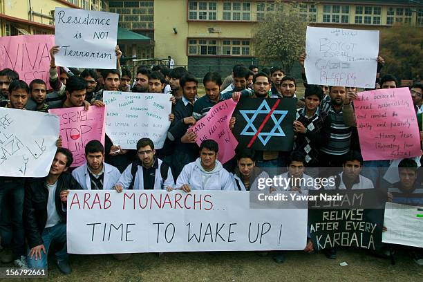 Kashmiri doctors hold banners and placards during a protest against Israel and in solidarity with Gaza at SMHS medical college on November 21, 2012...