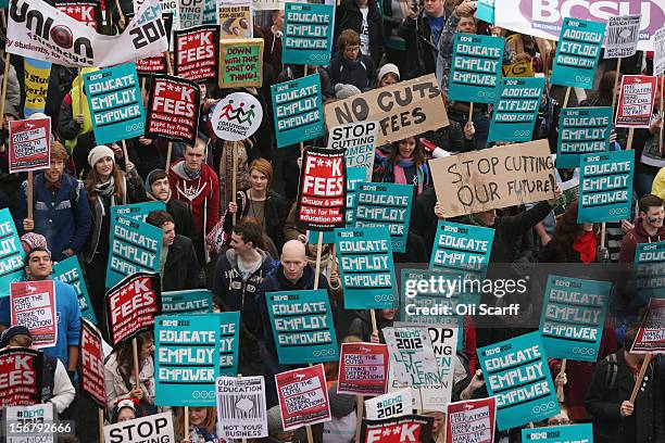 Students march through Westminster as they protest against the rising costs of further education on November 21, 2012 in London, England. The...