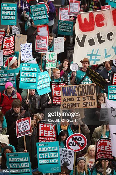 Students march through Westminster as they protest against the rising costs of further education on November 21, 2012 in London, England. The...