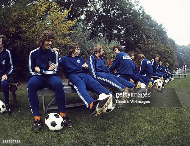 Jan Mulder , Ruud Krol during a training session of the Dutch National team during the season 1972/1973 at Zeist, Netherlands.