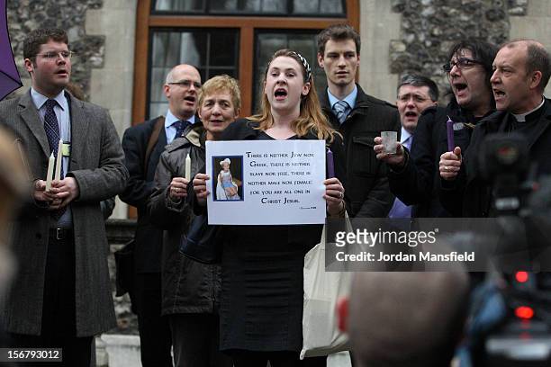 Vigil is held outside Church House led by Margaret Housten after the General Synod on November 21, 2012 in London, England. The Church of England's...