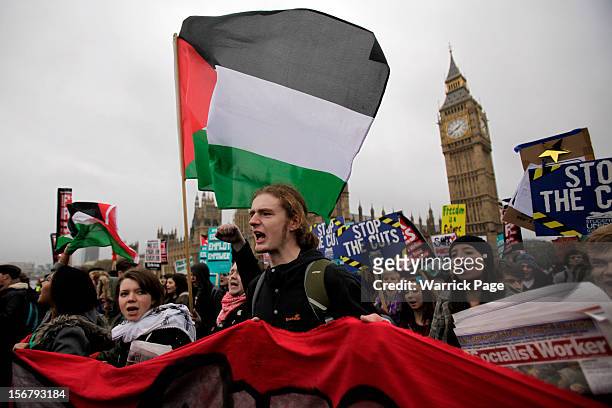Protesters demonstrating against education cuts, tuition increases and austerity shout slogans outside the Houses of Parliament on November 21, 2012...