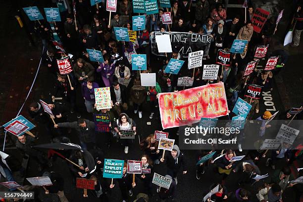 Students march through Westminster as they protest against the rising costs of further education on November 21, 2012 in London, England. The...