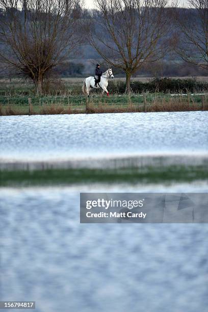 Horse rider passes flooded fields and roads close to the village of North Curry on November 21, 2012 near Taunton, England. Heavy rain overnight has...