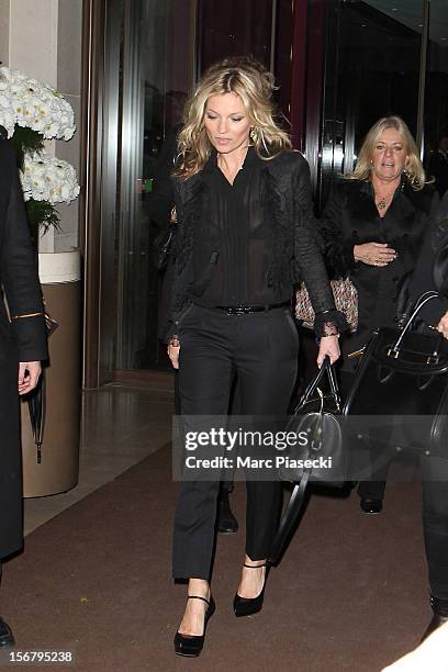 Supermodel Kate Moss is sighted leaving the 'Mandarin Oriental' hotel on November 21, 2012 in Paris, France.