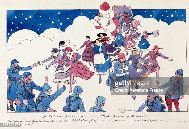 Postcard, soldiers dream of Christmas night, Circa 1914 in France.