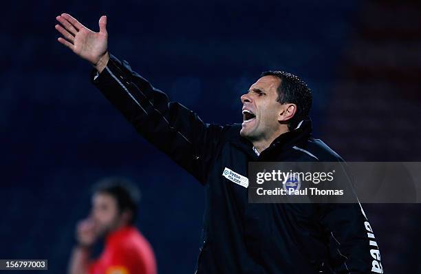 Manager Gustavo Poyet of Brighton gestures during the npower Championship match between Huddersfield Town and Brighton & Hove Albion at the John...