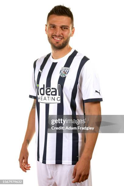 Okay Yokuslu of West Bromwich Albion poses during media day at The Hawthorns on July 31, 2023 in West Bromwich, England.