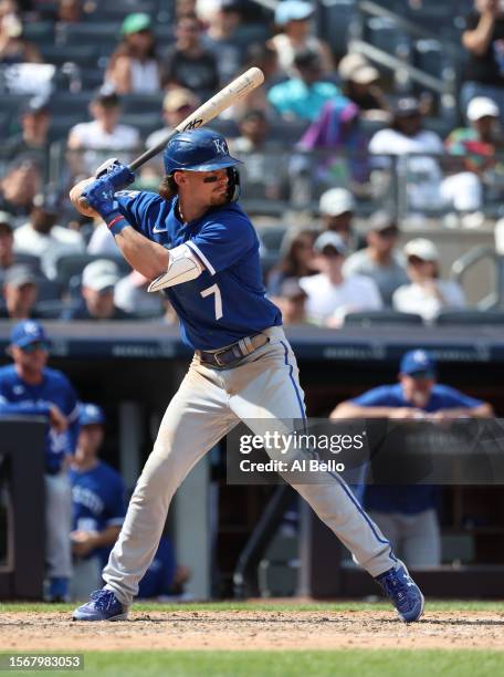 Bobby Witt Jr. #7 of the Kansas City Royals bats against the New York Yankees during their game at Yankee Stadium on July 23, 2023 in Bronx borough...