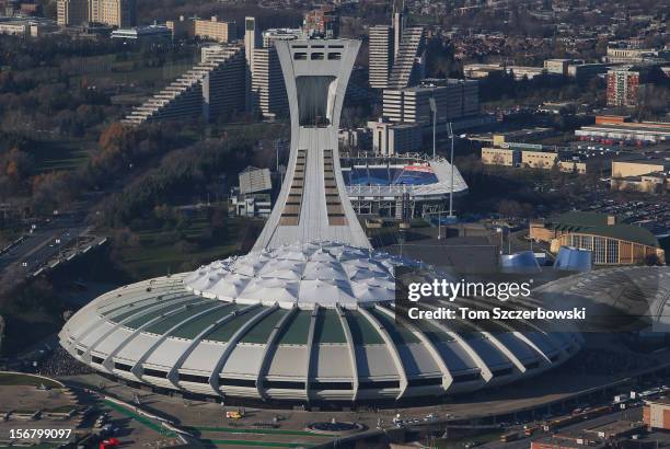 An aerial view of Olympic Stadium and the Biodome and Saputo Stadium and Olympic Park and Olympic Village are seen from above on November 18, 2012 in...