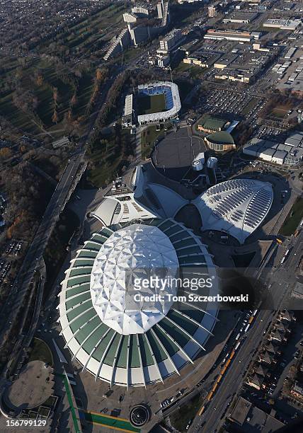 An aerial view of Olympic Stadium and the Biodome and Saputo Stadium and Olympic Park and Olympic Village are seen from above on November 18, 2012 in...