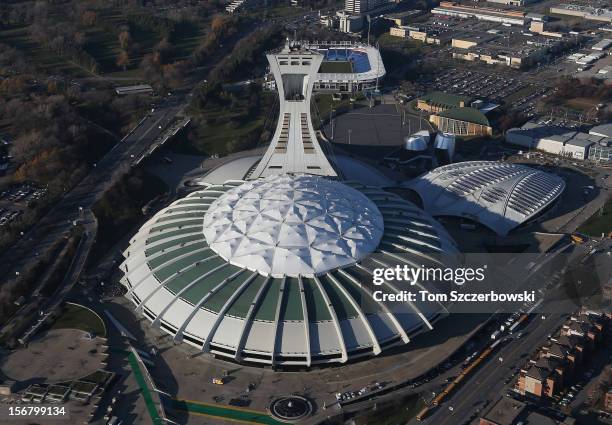 An aerial view of Olympic Stadium and the Biodome and Saputo Stadium and Olympic Park are seen from above on November 18, 2012 in Montreal, Quebec.