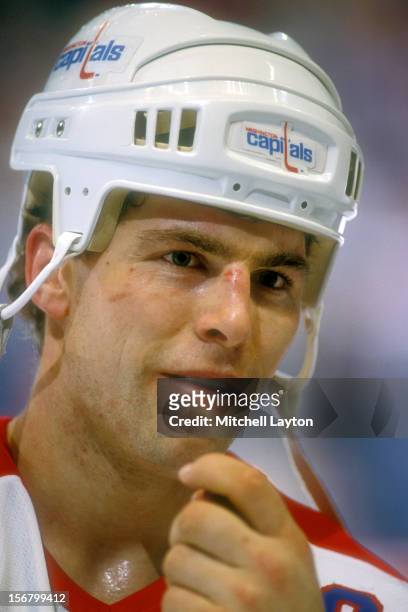 Scott Stevens of the Washington Capitals looks on during a hockey game against the Philadelphia Flyers on December 1, 1989 at Capitol Centre in...