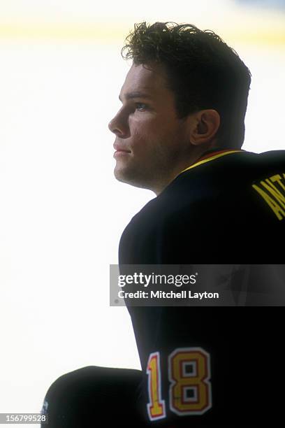 Shawn Antoski of the Vancouver Canucks looks on before a hockey game against the Washington Capitals on November 5, 1993 at the USAir Arena in...