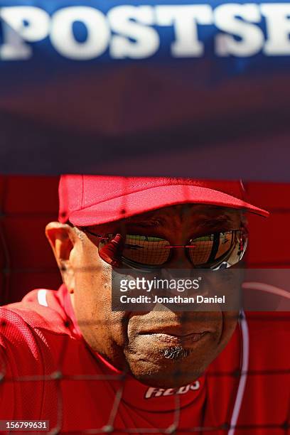 Manager Dusty Baker of the Cincinnati Reds waits for play to begin against the San Francisco Giants in Game Five of the National League Division...