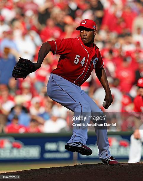 Aroldis Chapman of the Cincinnati Reds pitches against the San Francisco Giants in Game Five of the National League Division Series at the Great...